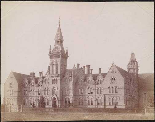 Historic photo from 1885 - South elevation of Old Knox College (in the middle of Spadina Crescent) in University of Toronto (U of T)