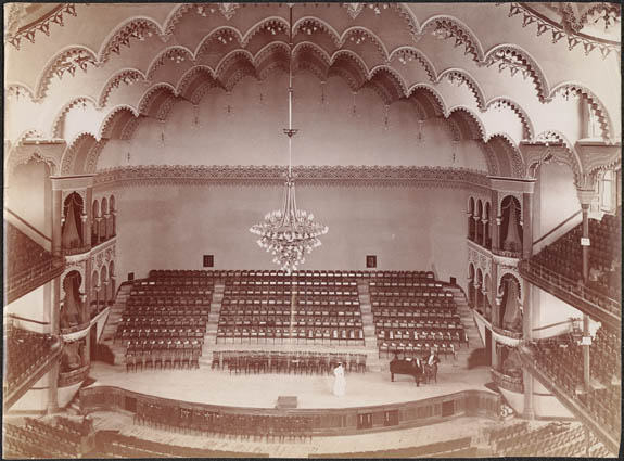 Historic photo from 1900 - Looking from the balcony to the stage and ceiling in Massey Hall in Garden District