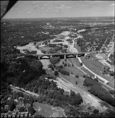 Historic photo from 1958 - Aerial photograph, looking north, of the Bloor Street Viaduct and the Don Valley - archive incorrectly says south in Don River