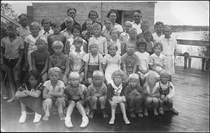 Group of children and counsellors at Camp Tarmola, a Finnish Canadian camp