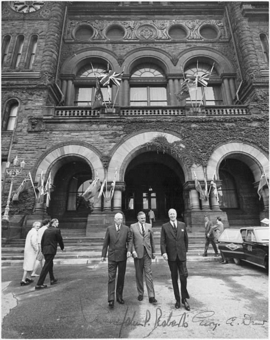 Premiers Leslie Frost (1949-1961), John Robarts (1961-1971), and George Drew (1943-1948) in front of the Ontario Legislature