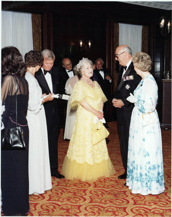 Her Royal Highness, the Queen Mother on a visit to Toronto with Premier Bill Davis and Lt. Governor John Aird and others