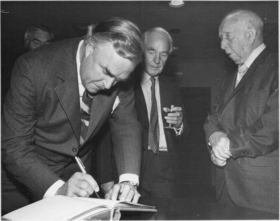 Premier John Robarts with British sculptor Henry Moore and Canadian artist A.Y. Jackson at the McMichael Collection of Canadiana