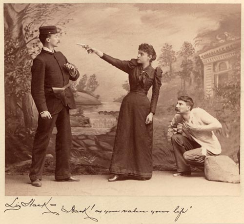 Act I - Liz Stark: "Back! as you value your life."  (Miss Cleveland and Messrs. Groves and Moore); Only a Farmer's Daughter