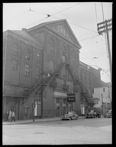 Historic photo from Friday, September 22, 1950 - Looking south across Shuter street to Massey Hall with outside fire-escape in Garden District