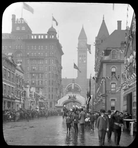 Historic photo from Sunday, October 6, 1901 - View of the I.O.F Arch on Bay Street, Toronto, during the visit of the Duke of York in Downtown