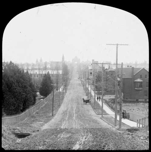 Historic photo from 1895 - Looking south down Avenue Road from Cottingham St. The Parliament Buildings in the distance and the tower of Avenue Road Methodist Church. in Deer Park