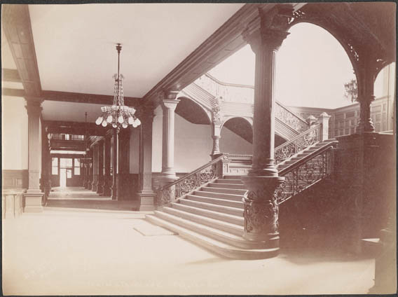 Historic photo from 1895 - Interior of Parliament Buildings, Queen's Park - showing a staircase in Queens Park