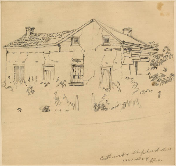 Historic photo from 1927 - Pencil sketch of derelict building by Stewart C. Shaw at Bathurst and Sheppard Sts. in Bathurst Manor