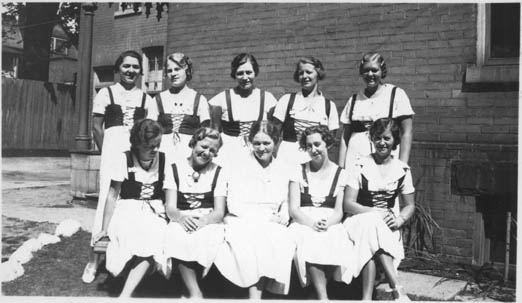 Danish women dressed in traditional clothing on the occasion of Toronto's 100th anniversary