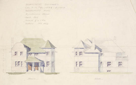 Historic photo from 1905 - E. J. Lennox sketches of workmens cottages at H. M. Pellatt estate - front and side elevations in Casa Loma