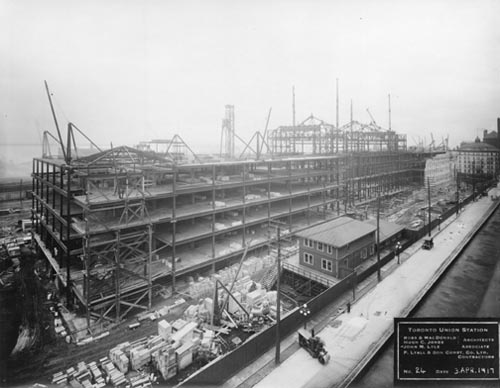 Historic photo from Tuesday, April 3, 1917 - Steelwork frame under construction - Union Station in Financial District