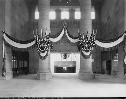 Historic photo from Wednesday, August 10, 1927 - Union Station - entrance to trains.  Decorated for the opening visit by the Prince of Wales. in Financial District