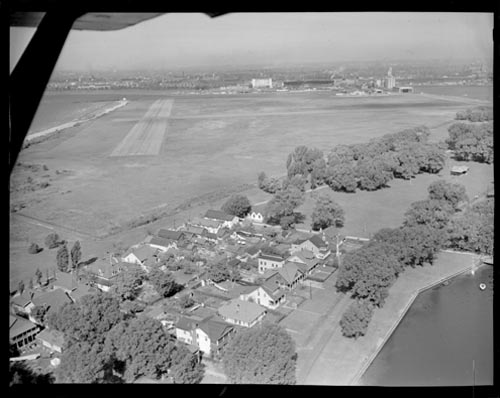 Historic photo from 1949 - Aerial view showing part of the Toronto Island airport and houses on Hanlans Point in Toronto Island