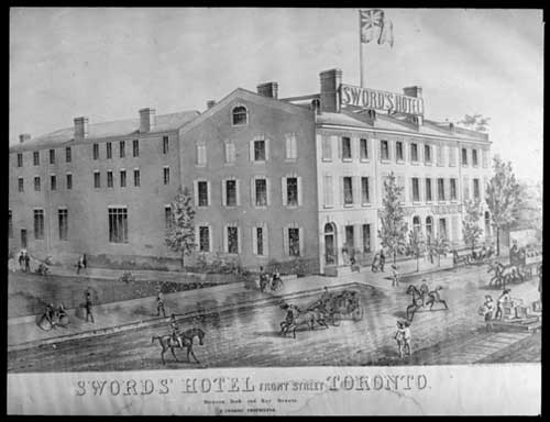 Historic photo from 1846 - Photograph of a lithograph showing Sword's Hotel on Front Street (Queen's Hotel until 1927) in Financial District