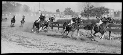 Historic photo from 1910 - Horses running the Hillcrest racetrack at Davenport Road and Bathurst Street in Wychwood Park