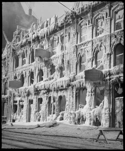 Historic photo from 1898 - Ice covers the facade of Gowans Kent China shop the day after the fire in St. Lawrence