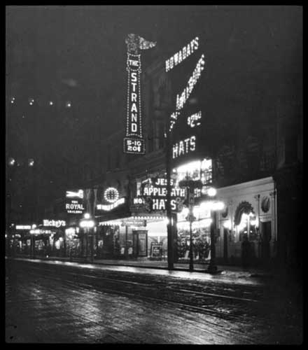 Historic photo from 1920 - Strand Theatre at night - Yonge Street north of King Street - opened 1915, closed 1920 in Downtown