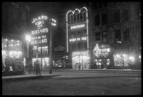 Historic photo from 1915 - Crystal Palace Theatre at night on Yonge Street opposite Temperance Street in Downtown