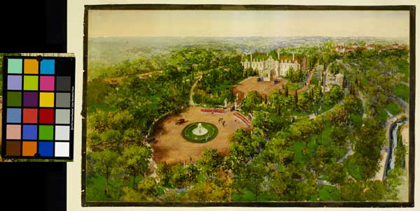 Historic photo from 1915 - Aerial watercolour view by the architect Elmer H. Russell of the fountain and Chorley Park in Don Valley Brickworks
